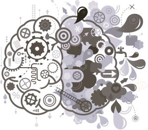 Black and white design featuring swirls and flowers representing creativity.